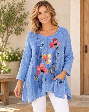 Jess & Jane XL Blue Floral Tunic Top Mineral Wash Pocket Artsy Gauzy Lagenlook